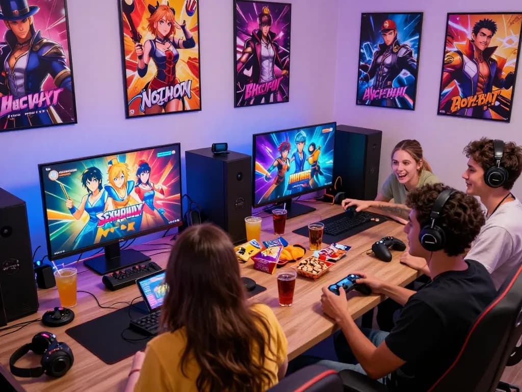 Friends enjoying popular sex games in a lively gaming setup, showcasing vibrant visuals and engaging gameplay.