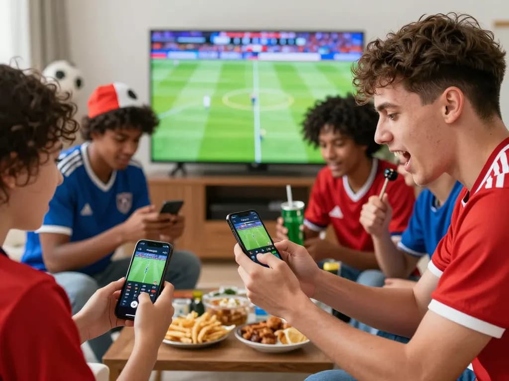Football fans cheering with smartphones viewing live scores on Nowgoal in an energetic outdoor setting.