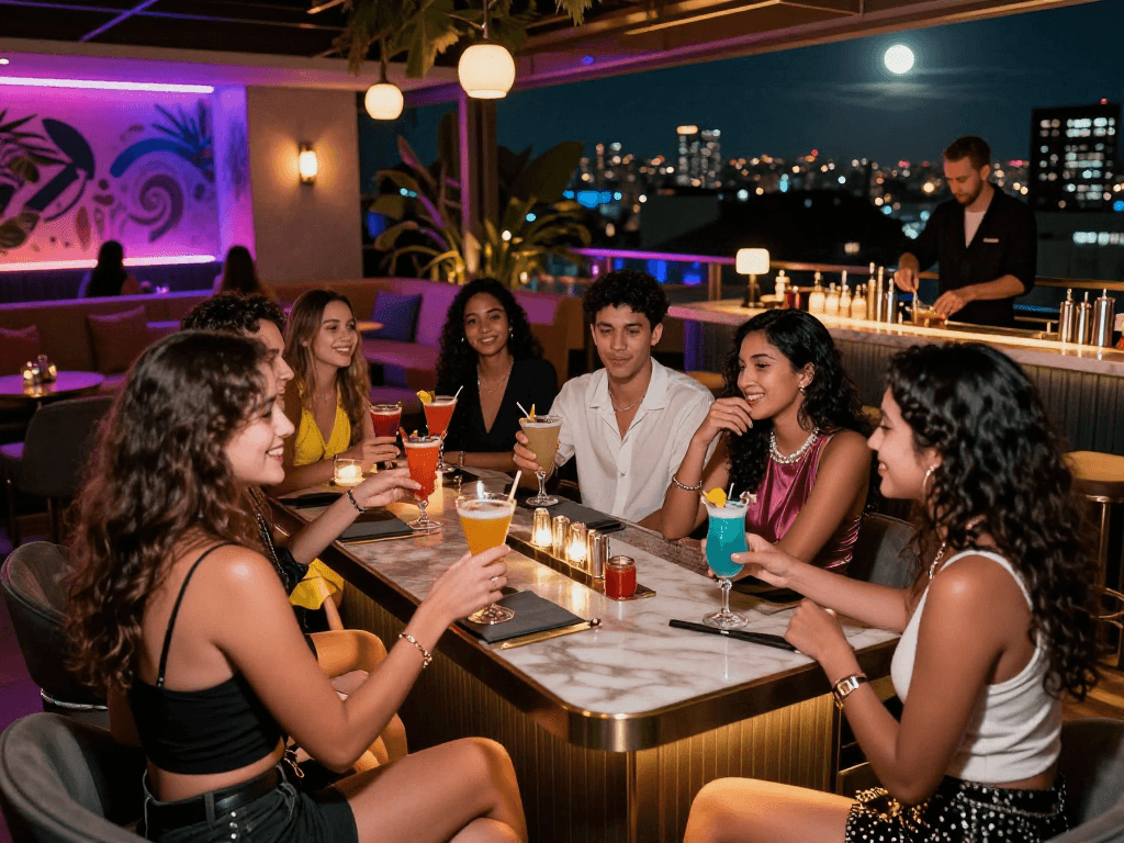 Không gian sống động tại quán bar với gái gọi hiện đại, bạn trẻ vui vẻ bên cocktail.