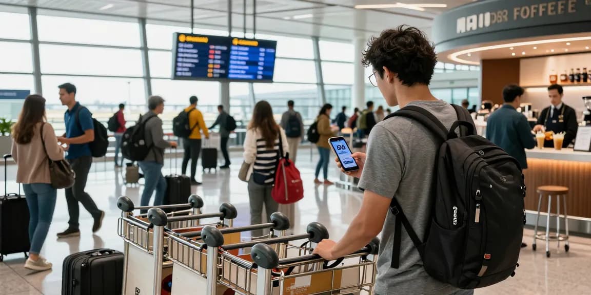 Traveler checking AA 88 flight status in busy airport terminal with vibrant energy.