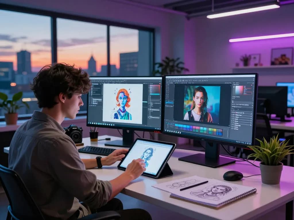 Creating NSFW images with AI in a modern digital art studio setting
