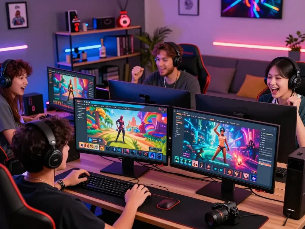 Players enjoying diverse porngames on stylish gaming setups, creating an immersive online experience.