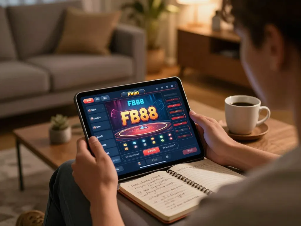 Person playing casino games on FB88 app in a cozy living room environment