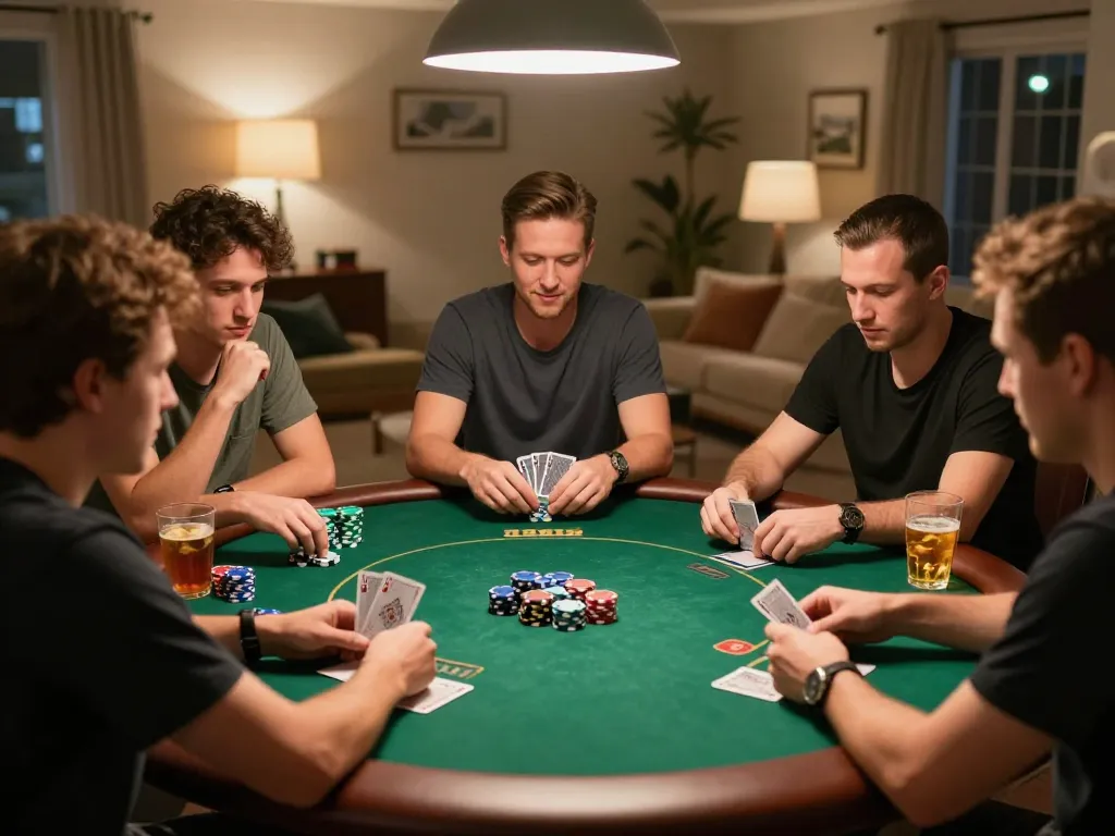 Friends enjoying a competitive poker game night while using the NENG4D app, showcasing strategic gameplay.