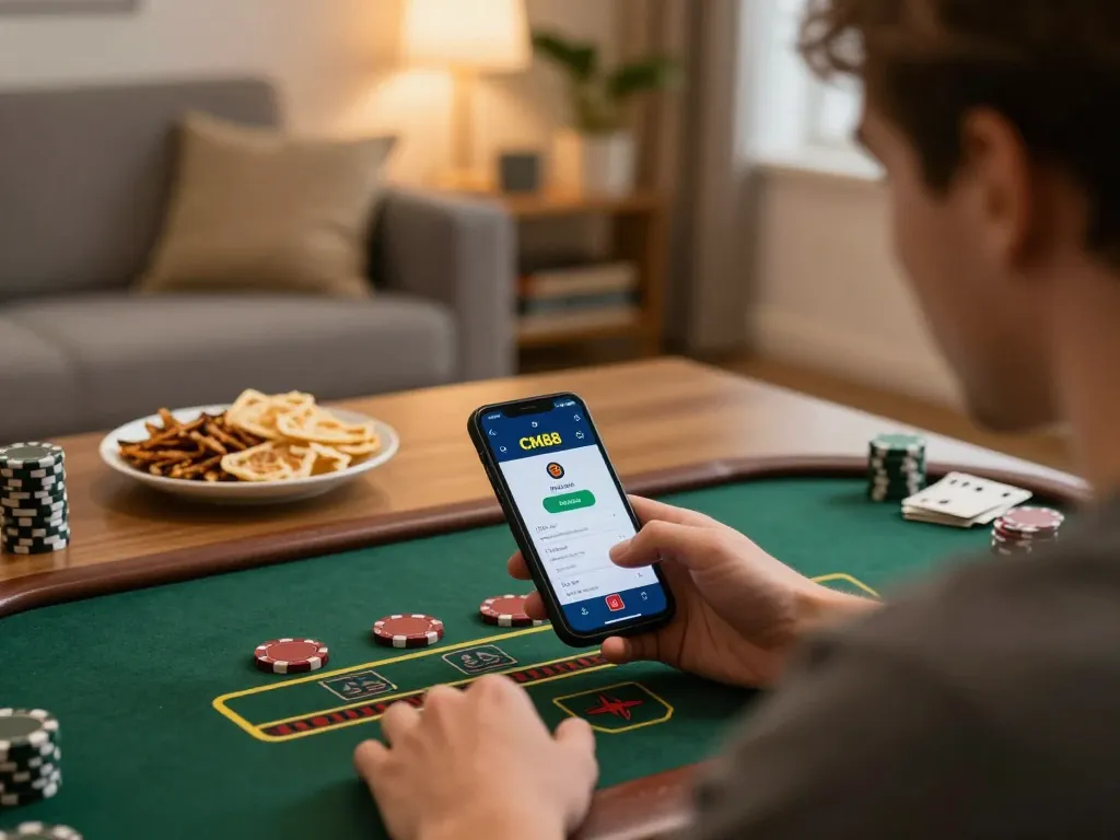 Engaged player strategizing on CM88 app during live dealer blackjack game.