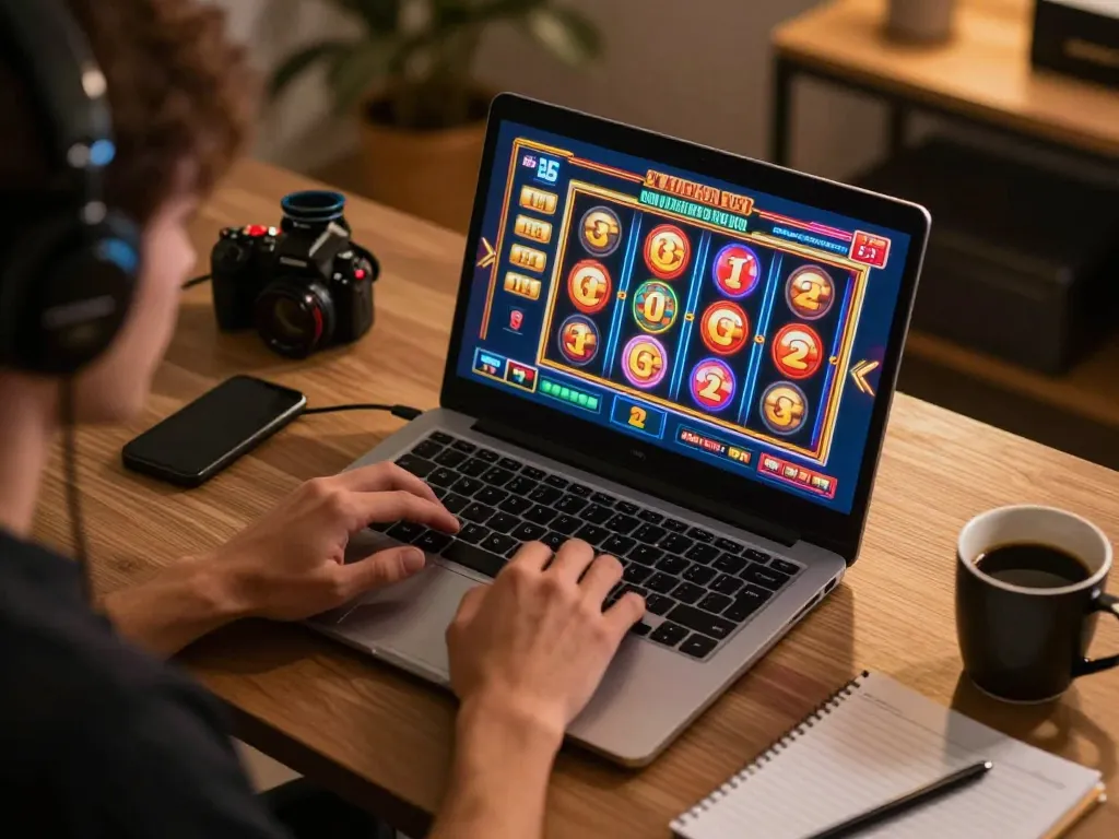 Engaging session playing slot online on a laptop in a cozy home office setting.