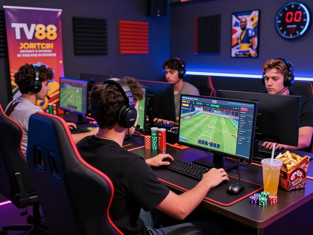 Engaging online gaming atmosphere with players interacting on the TV88 VIP platform amid modern decor and promotional banners.