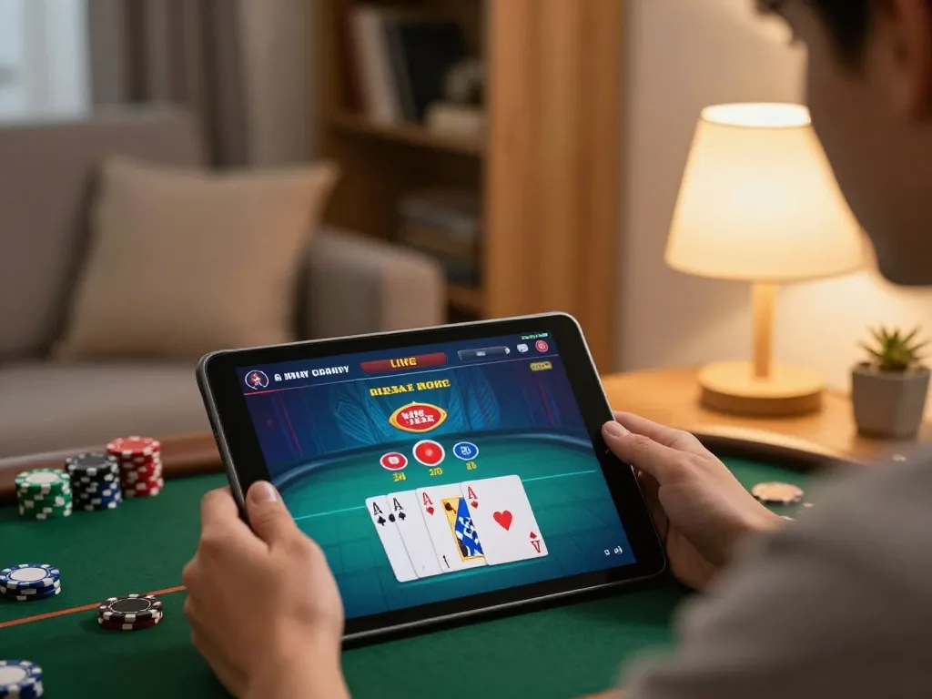 Engaging poker gameplay on a tablet from https://rr888.shopping/ in a cozy home environment.