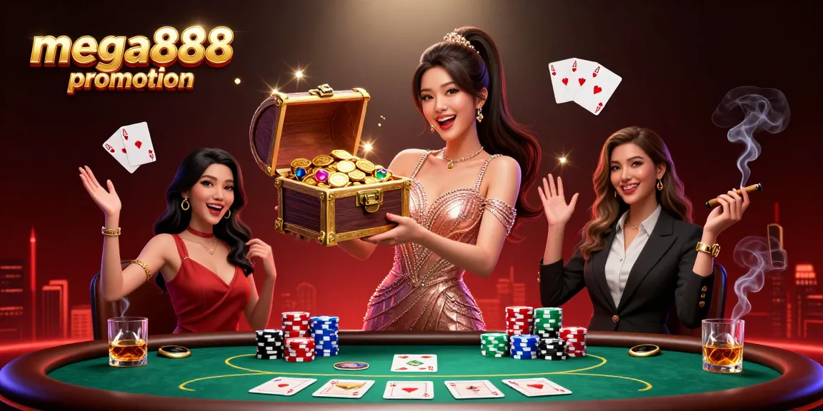 Experience the thrilling mega888 promotion with vibrant casino elements and treasure in a dynamic 3D scene.