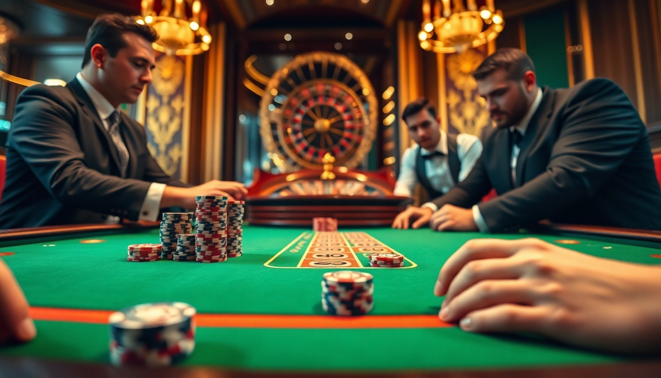 Engaging poker scene at nhà cái i8bet.com featuring luxury gaming tables and chips.