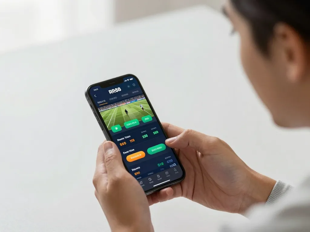 RR88 user engaging in live sports betting on mobile phone, showcasing real-time betting experience.