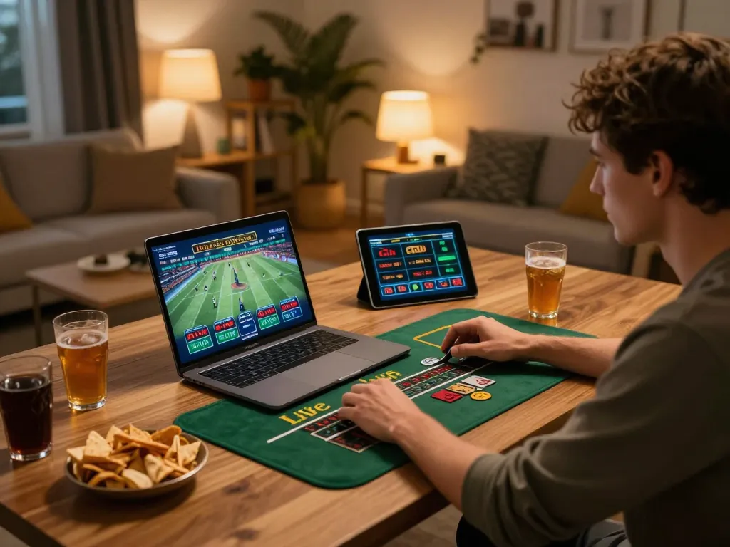 Experience the excitement of online gaming at 100VIP with a cozy home setup and live dealer action.