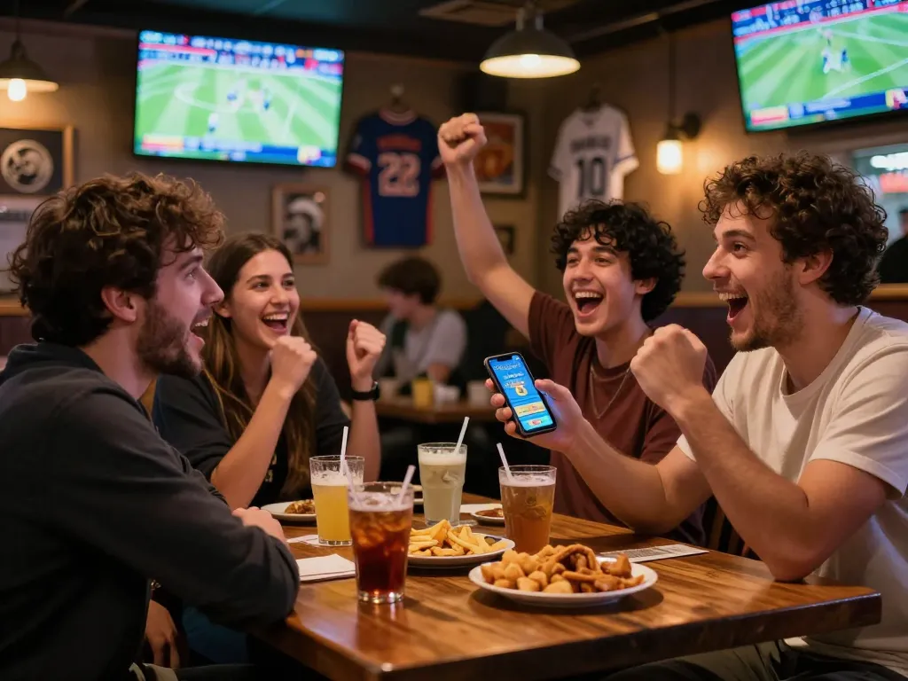 Fans engaged in sports betting on soc88 app at a lively sports bar during an exciting game.