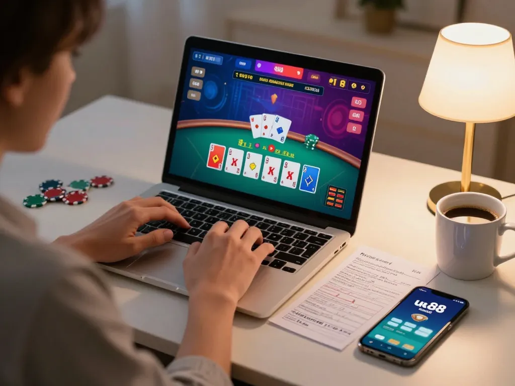 uu88 player enjoying online blackjack at home with strategic notes and casino app
