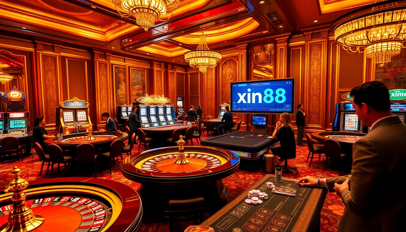 Excited players betting at a luxurious casino featuring xin88 gaming elements.