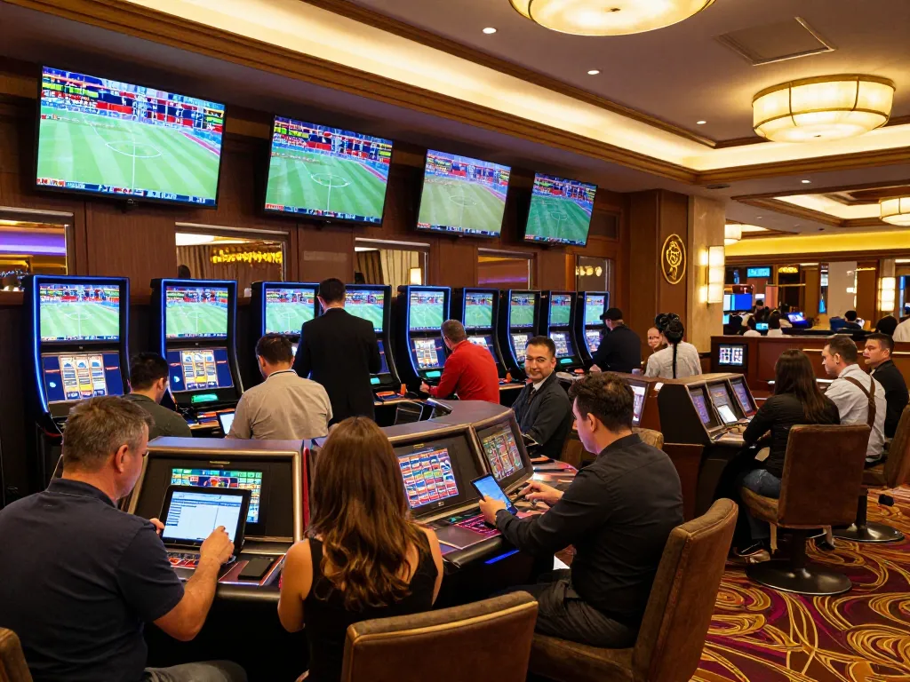 Engaged bettors analyzing kèo nhà cái statistics on sports screens in a luxury casino.