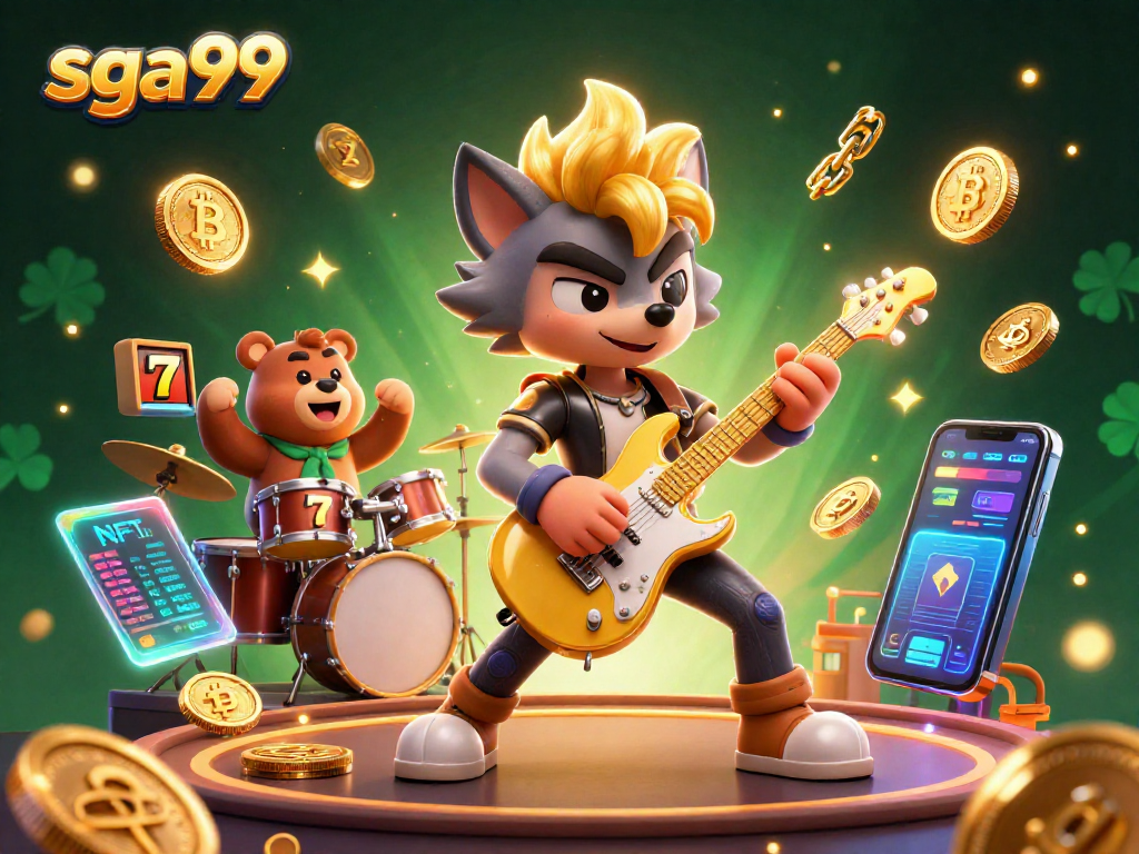 Play exciting games at sga99 with vibrant animated characters and glowing cryptocurrencies.
