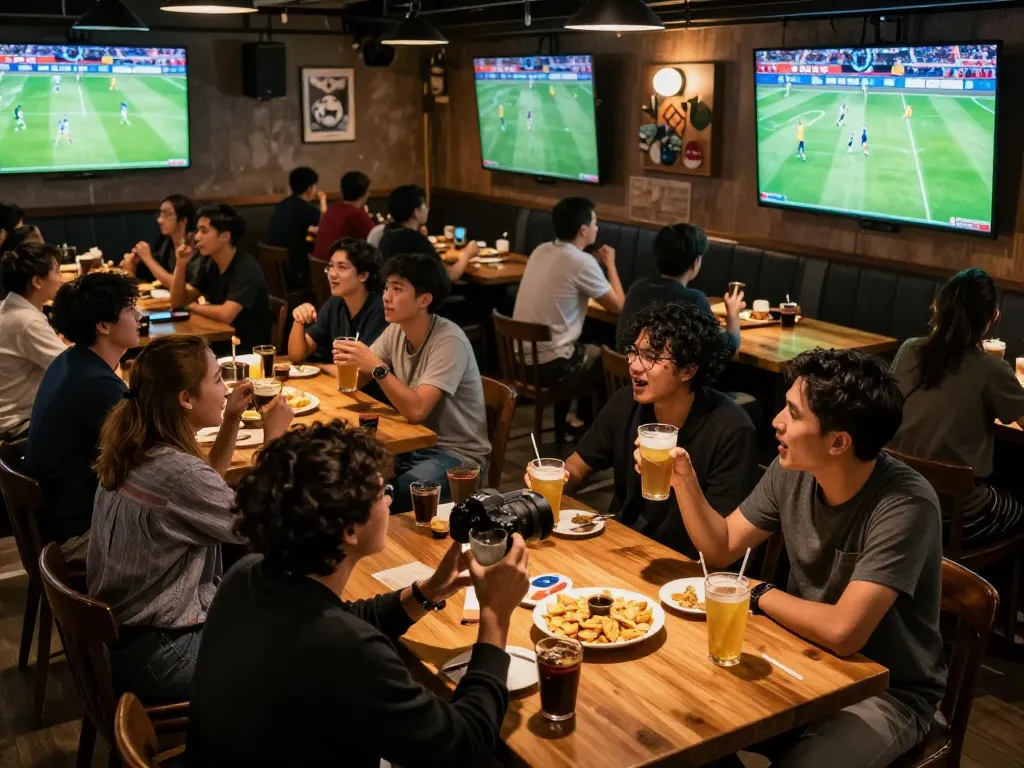 Cà Khịa TV soccer fans celebrating victorious moments at a lively sports bar with drinks and snacks.