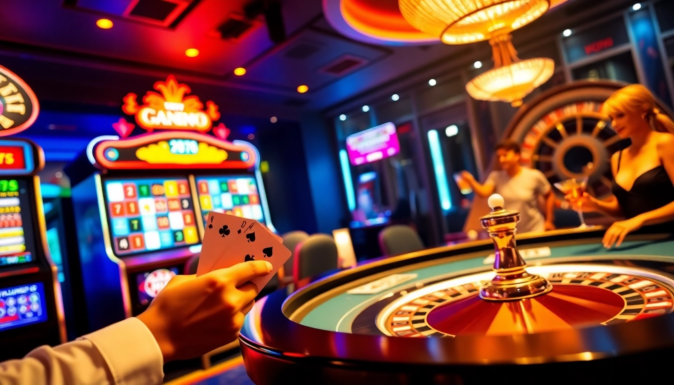 Excitement at the casino with players enjoying games at https://kp88.social/ under vibrant lights.