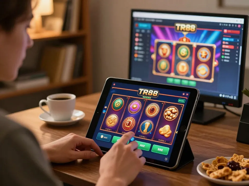 Engaging with TR88 online casino app showcasing vibrant slot gameplay in a cozy home setting.