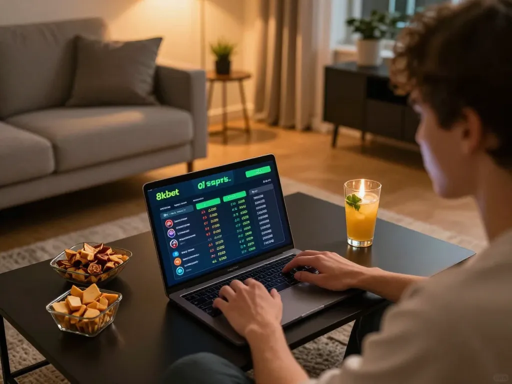 Player using the 8xbet app for sports betting on a stylish laptop in a cozy home setting