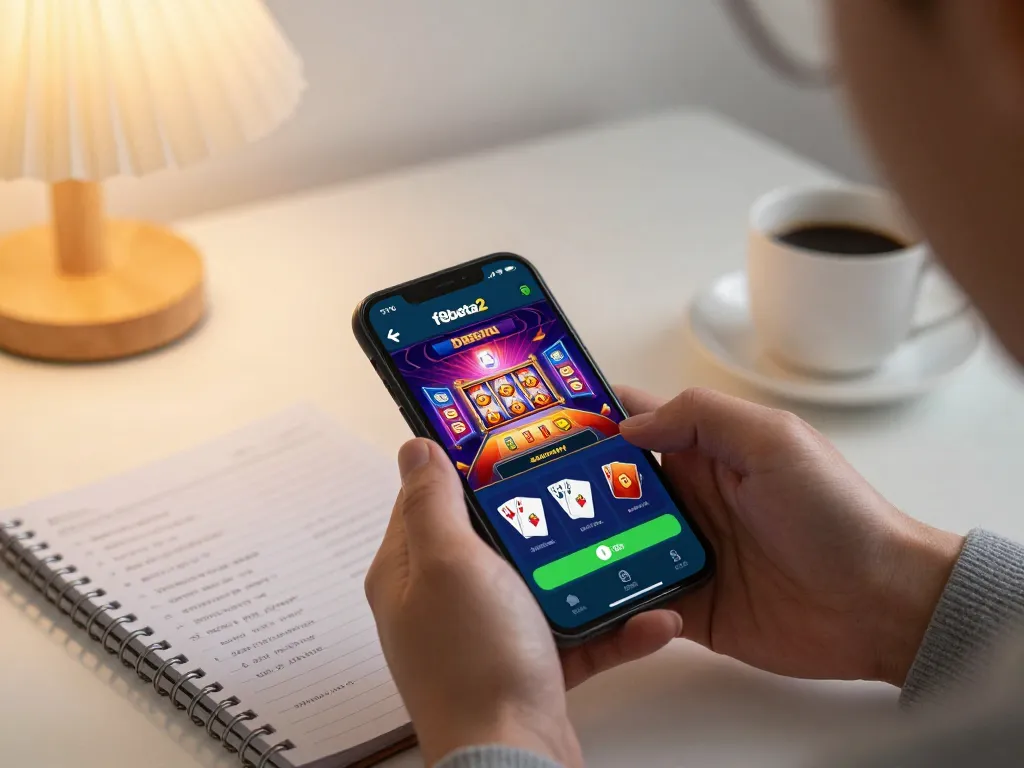 Engaging atmosphere of a player exploring the f8beta2 casino app on smartphone at a home desk.