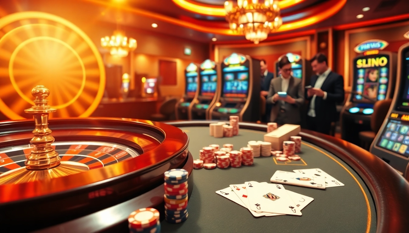Experience thrilling raja luck moments at an extravagant casino with spinning roulette and vibrant slot machines.