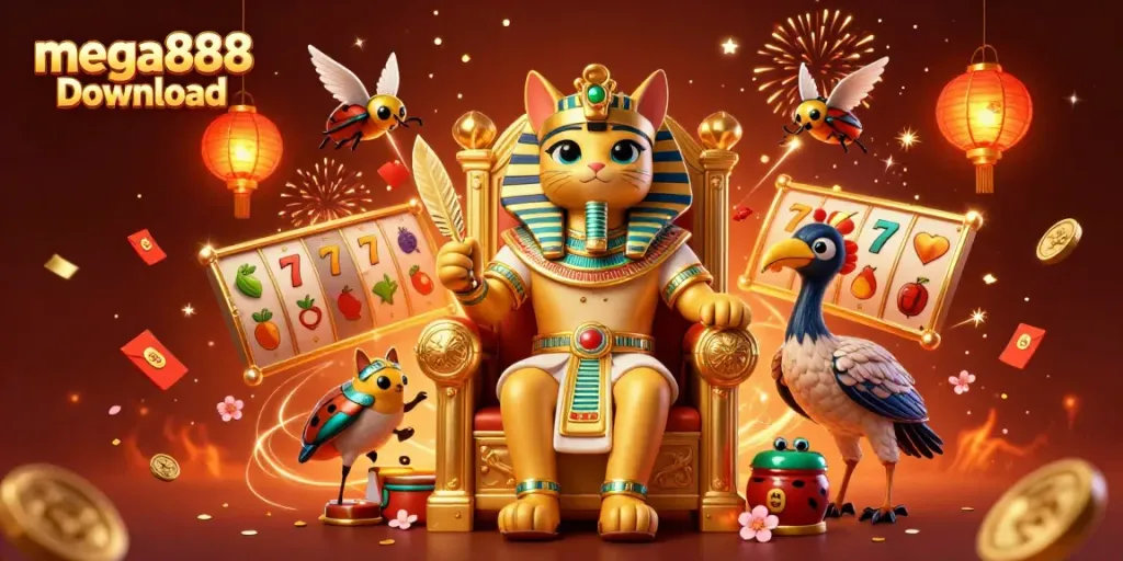 Engaging 3D illustration featuring the mega888 download theme with symbols of luck and celebration