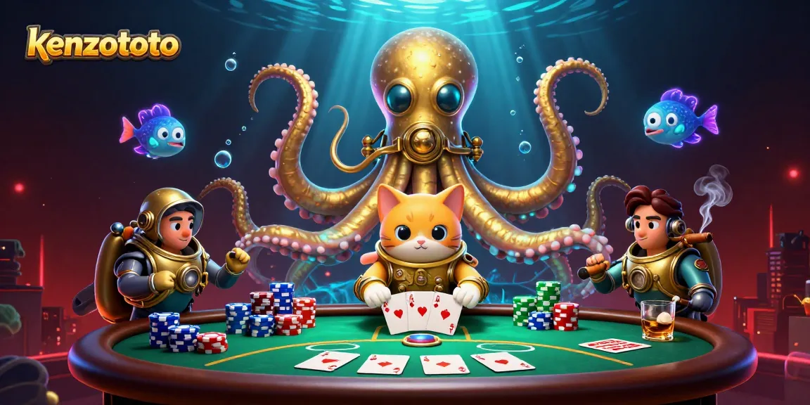 Winning at kenzototo with a colossal kraken and poker elements in an epic underwater scene.