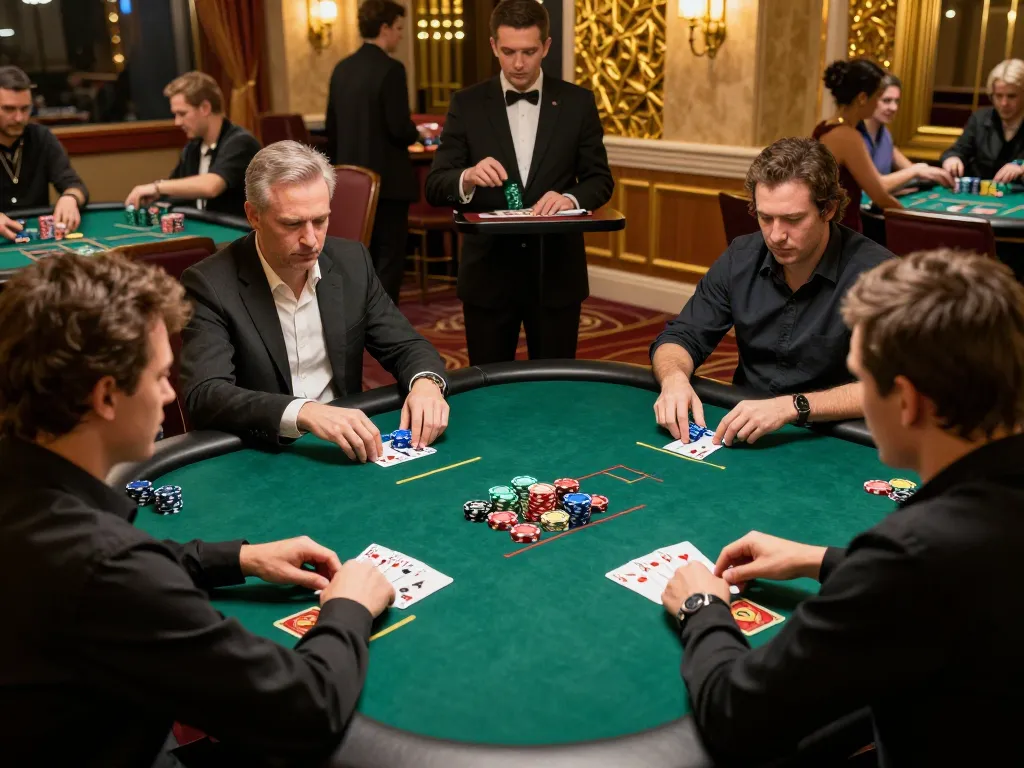 Players strategizing in a high-stakes poker game, focusing on bet placement and analyzing cards in the casino atmosphere. debet