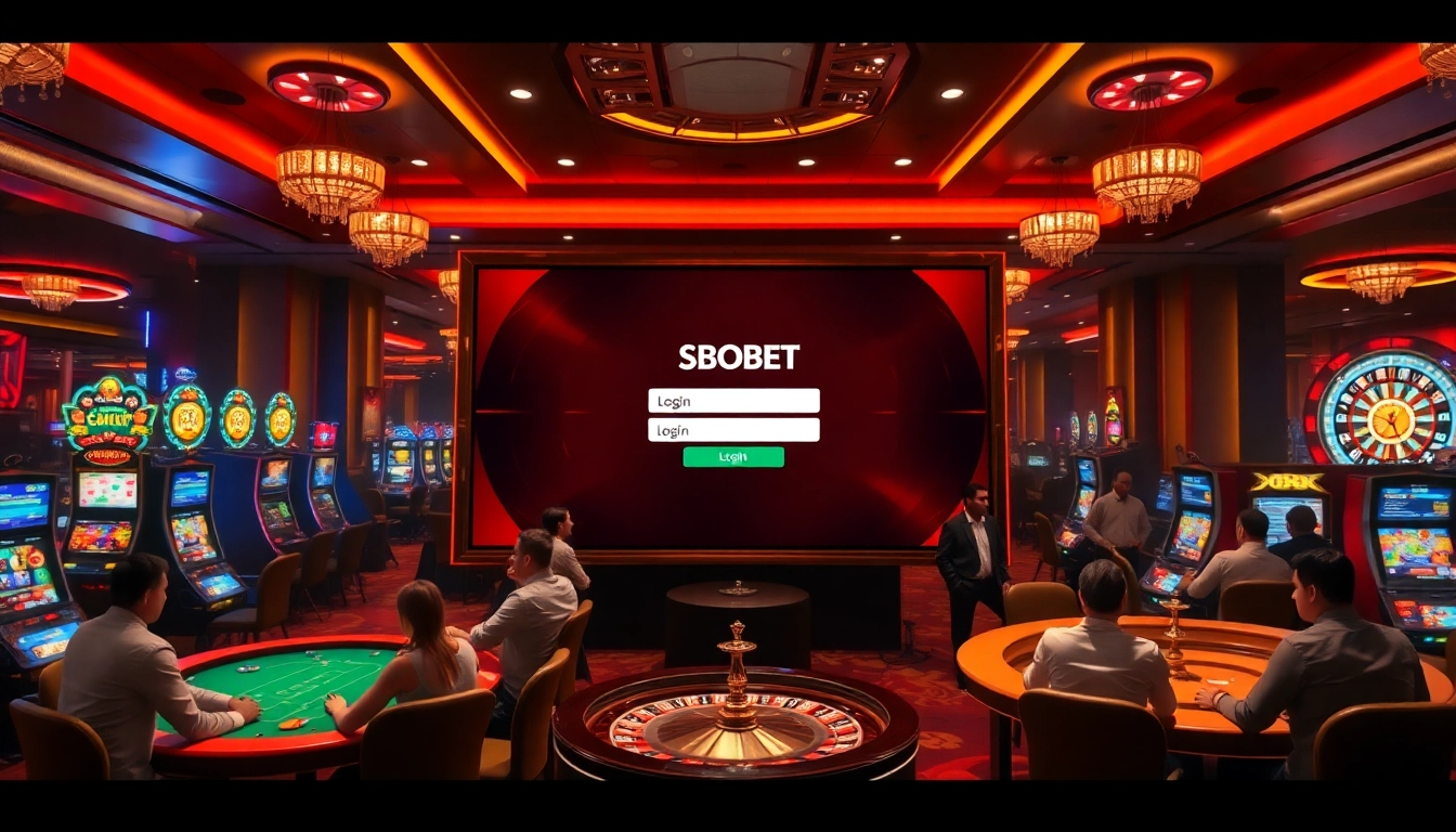 Sbobet login displayed on a vibrant casino screen with gamblers enjoying bets at gaming tables and machines.