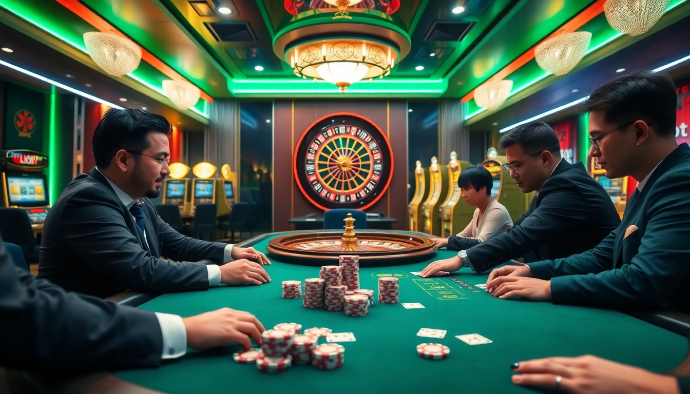 Exciting casino scene with players at a 13win poker table, illuminated by neon lights.