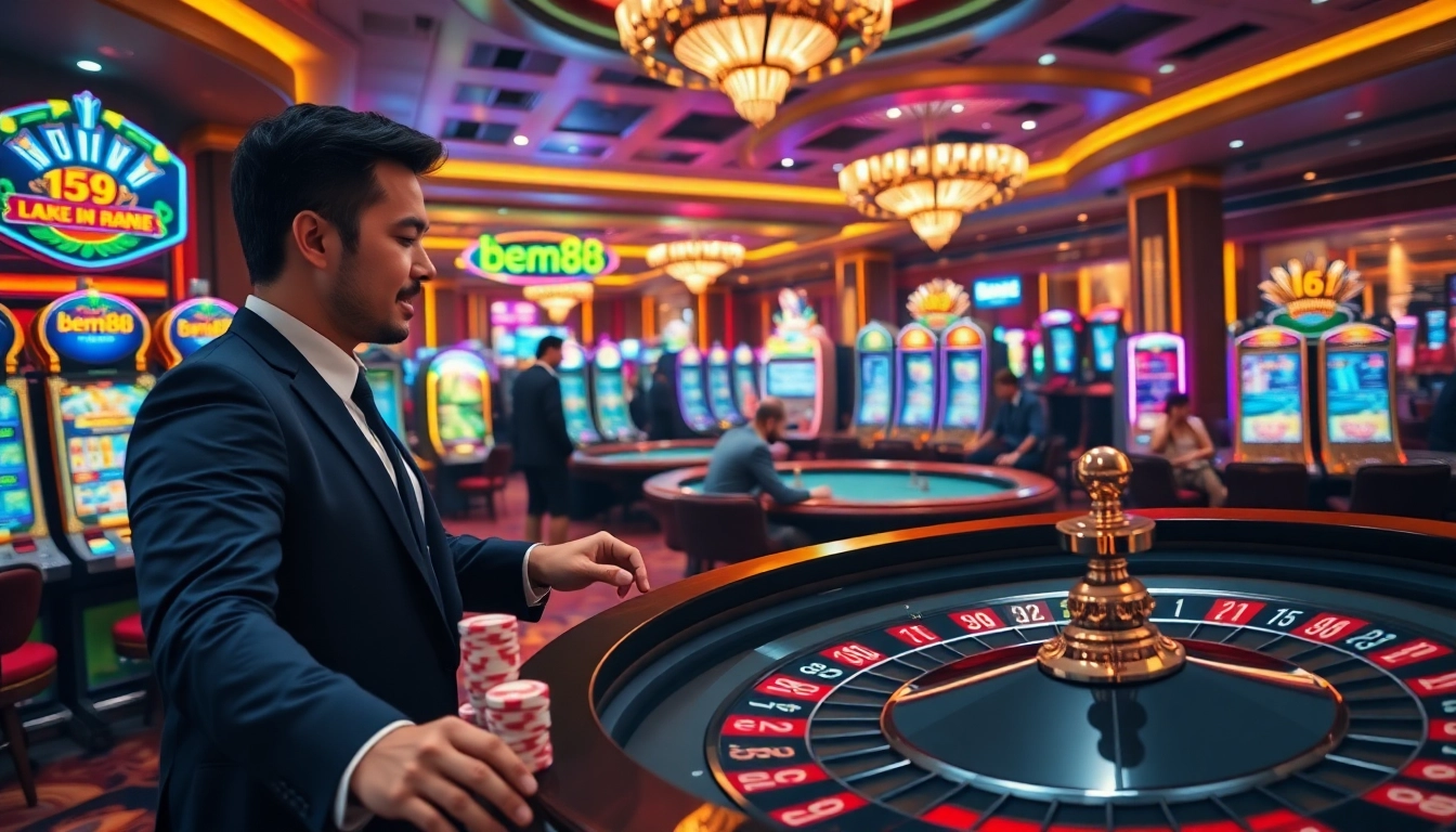 Engaged gambler experiences excitement at bem88 roulette table in a luxurious casino environment.