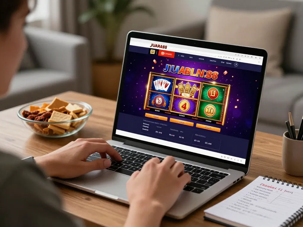Engaging in JUARA88 online casino gaming at home, showcasing strategic notes and vibrant game interface.