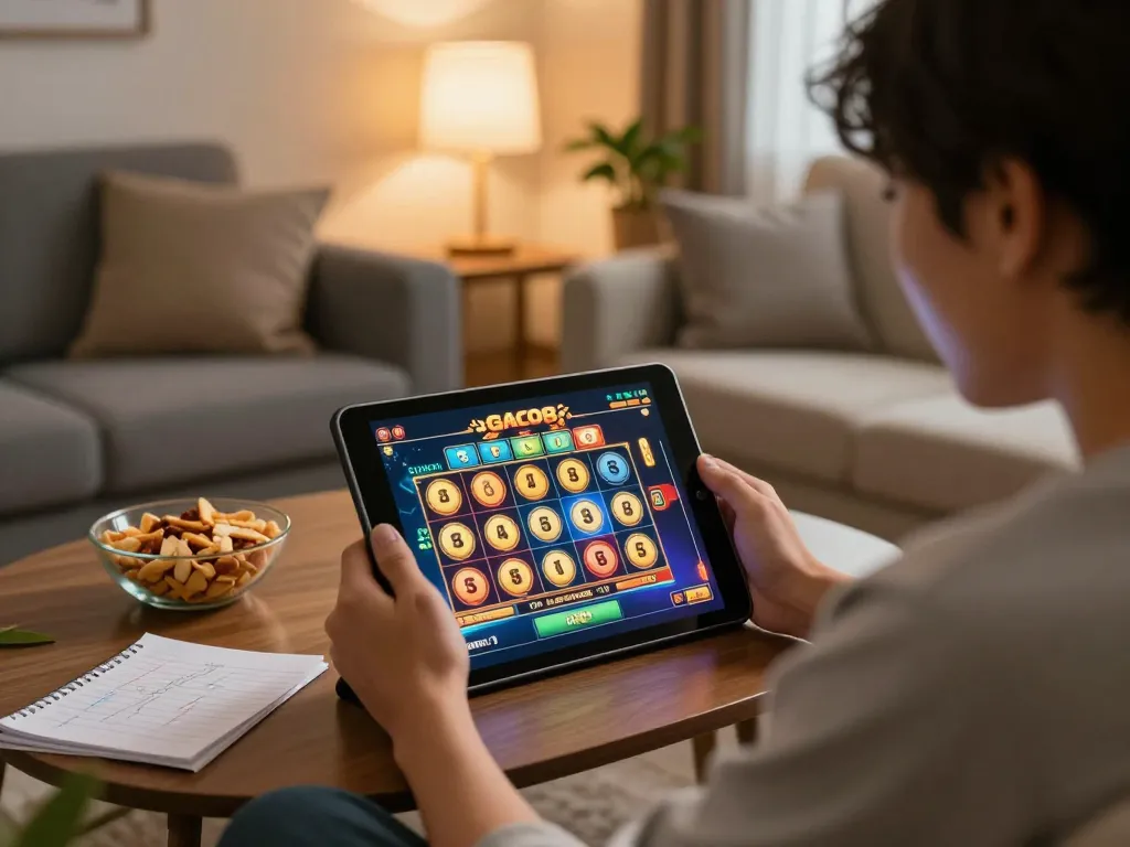 Player enjoying a slot gacor game on a tablet at home, highlighting engaging online gaming atmosphere.