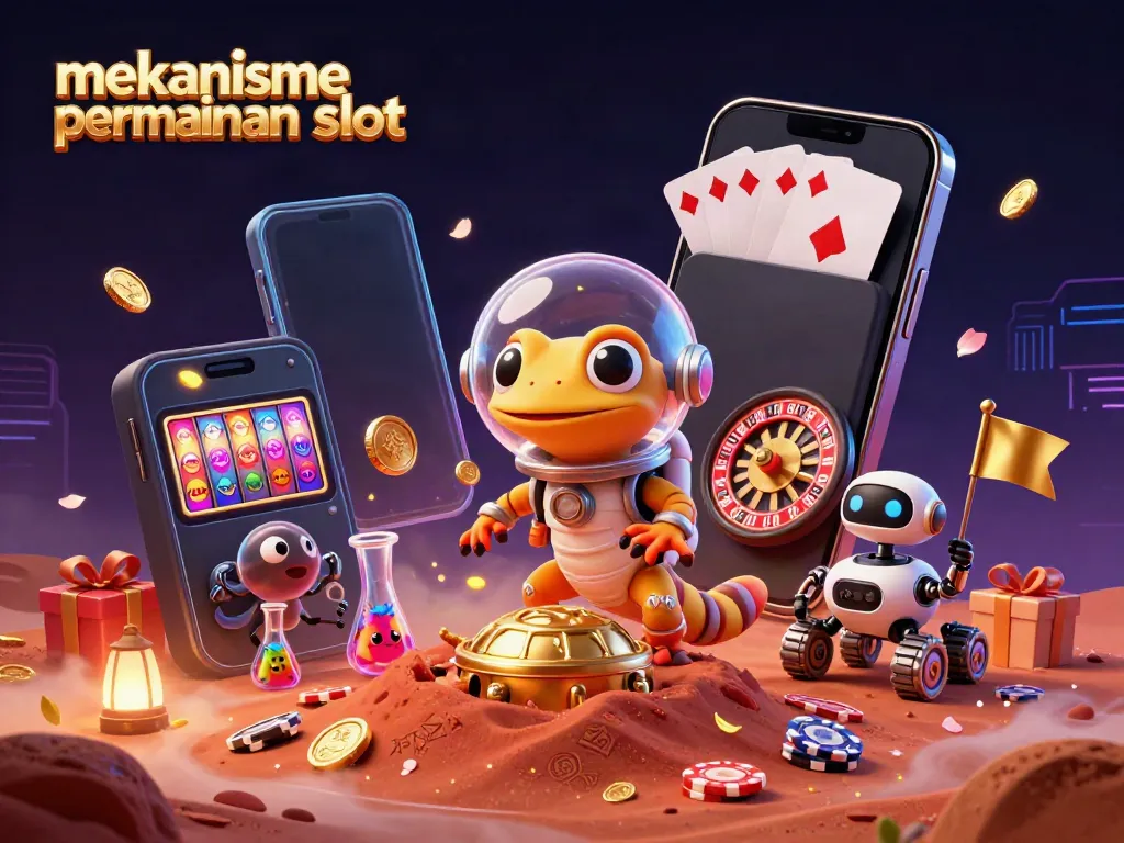 Mekanisme permainan slot dalam ilustrasi 3D menarik dengan tokoh kartun dan elemen kasino