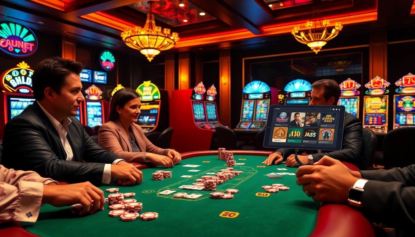 Engaging players at a high-stakes poker table while showcasing the online interface of https://thabet.college/.