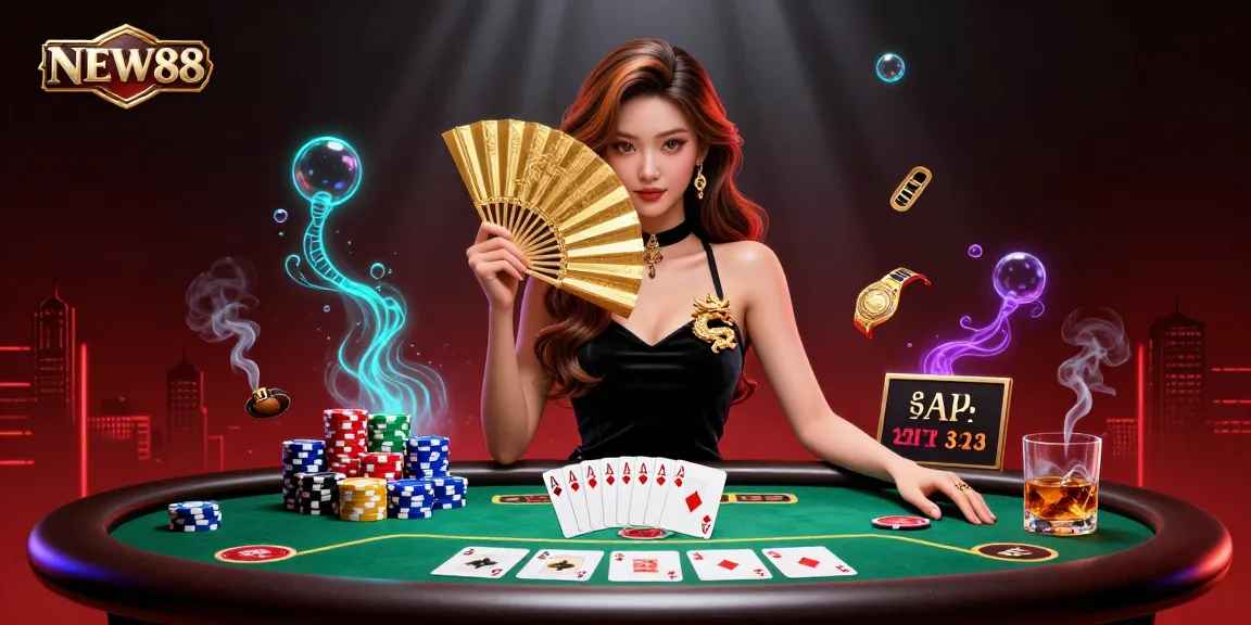 Engage with NEW88's incredible poker scene featuring a stunning woman and dynamic gameplay elements.