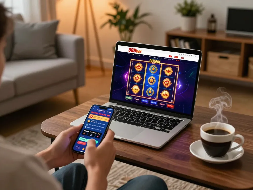 Engaging with the 388bet online casino on a laptop while sipping coffee in a cozy living room.