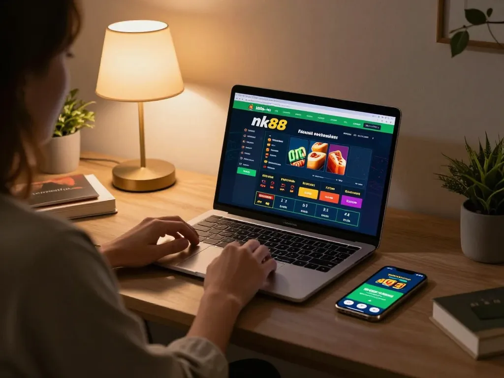 Engaging in strategic online gaming at nk88 with laptop and smartphone in a cozy home setting.