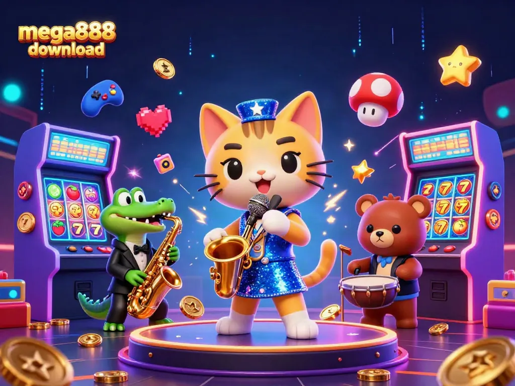 Experience the mega888 download with a vibrant 3D casino scene featuring fun characters and gaming elements.