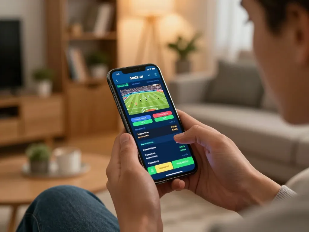 Pengguna Sada-ar menganalisis odds taruhan olahraga di smartphone di ruang tamu modern.