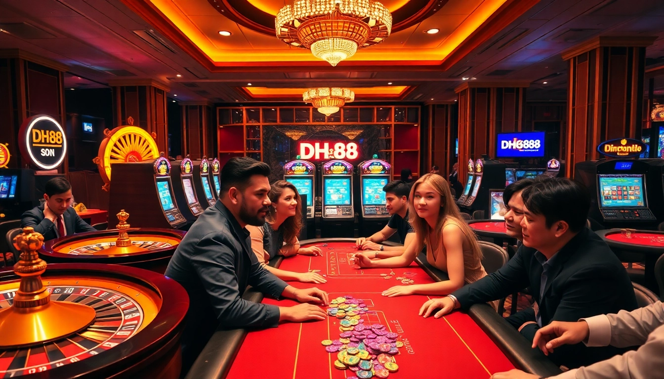 Players enjoying high-stakes games at DH88 casino with vibrant atmosphere.