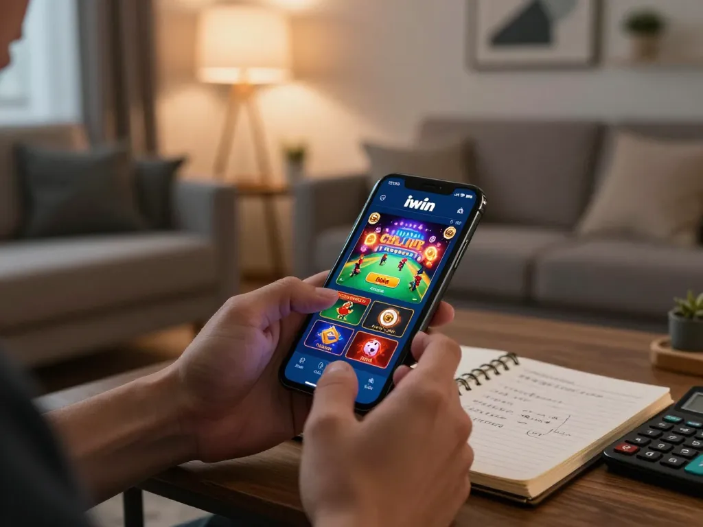 Engaging with the iwin club app on a smartphone in a cozy living room during evening gaming session.