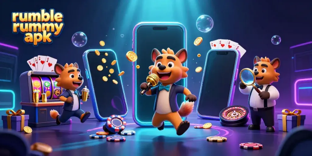 Play thrilling games with Rumble Rummy APK in a vibrant casino scene.