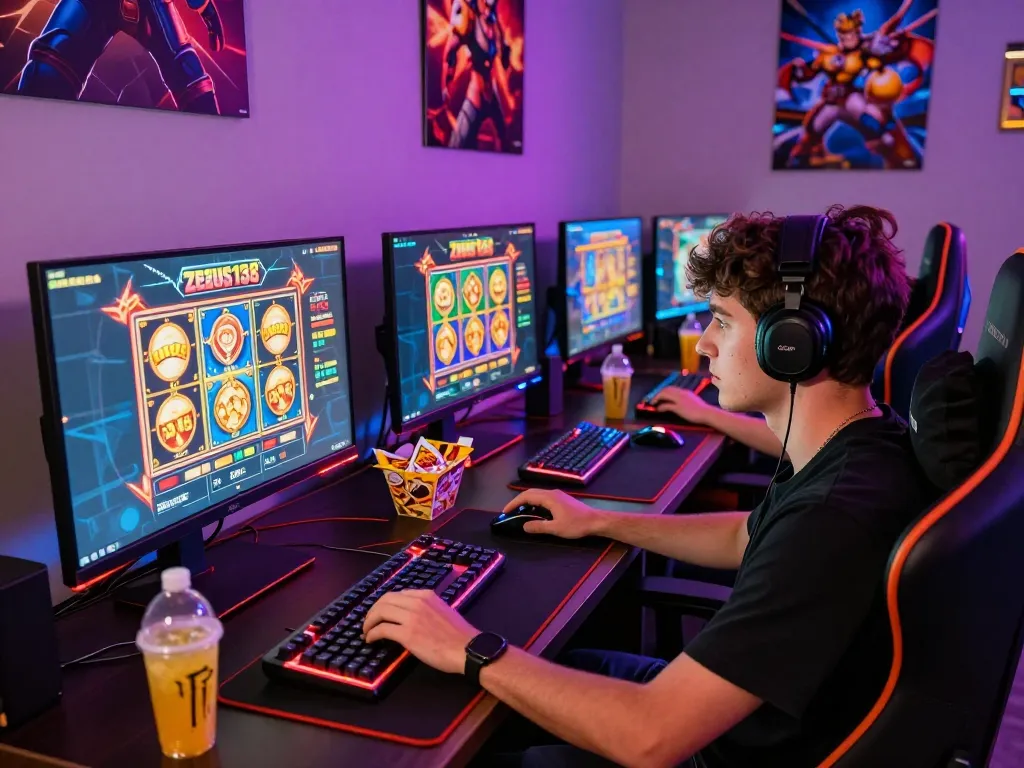 Exciting Zeus138 gaming setup with colorful lighting and gaming gear.