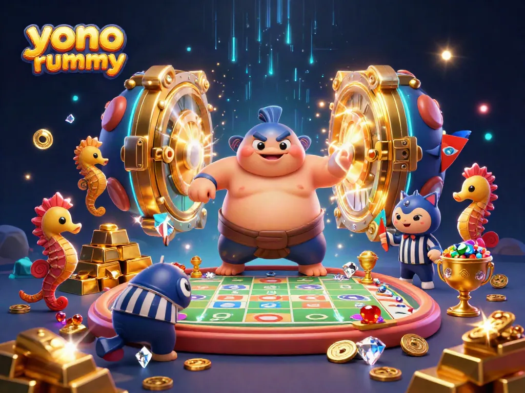 Gambarkan yono rummy dengan ikan fugu dan juri ikan lele di arena, dikelilingi harta karun.