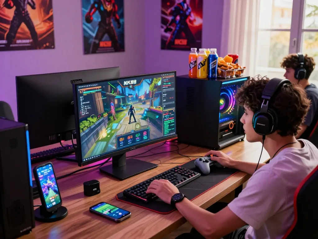 Engaged player in NK88 gaming setup, đăng ký nk88 visible on the screen amidst vibrant digital environment.