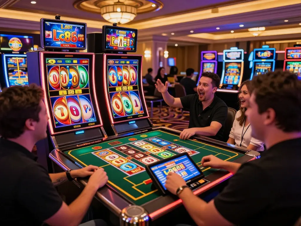 Players celebrating wins while enjoying an Lc88 game on colorful casino slots