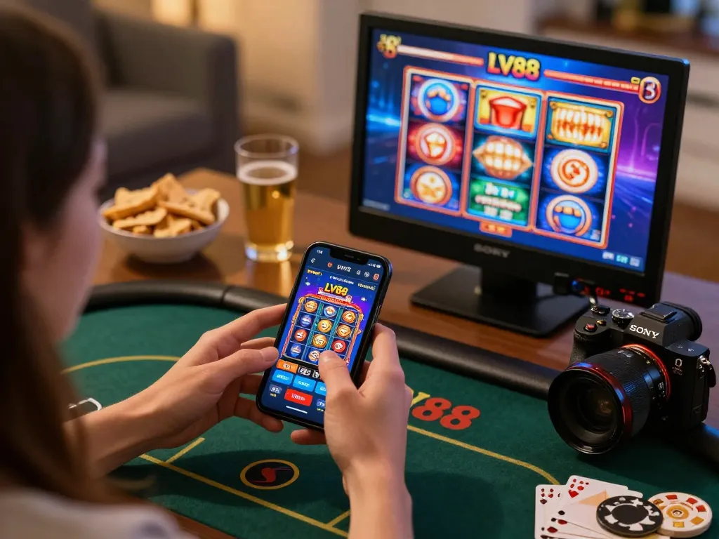Engaging in mobile gambling on https://lv88cha.com/ with vibrant slot displays and cozy home atmosphere.